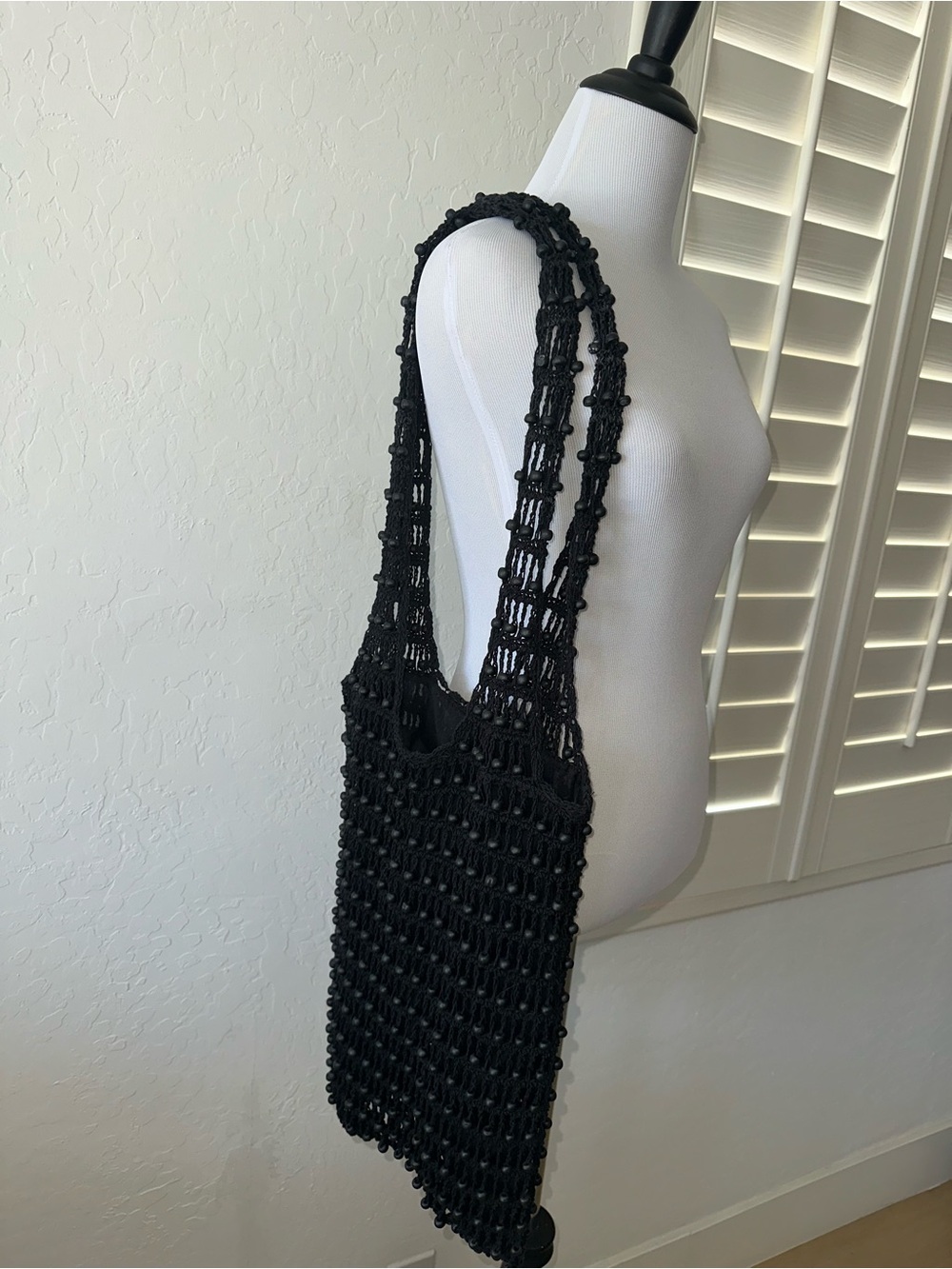 ETSY ~HANDCRAFTED BLACK SUMMER BEADED CROCHET BEACH POOL SHOULDER TOTE BAG